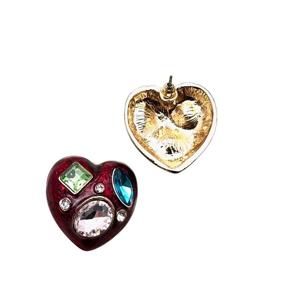 Womens Earrings Blue Pink Green Rhinestone Red Enamel Heart Earrings Pierced - Picture 2 of 4
